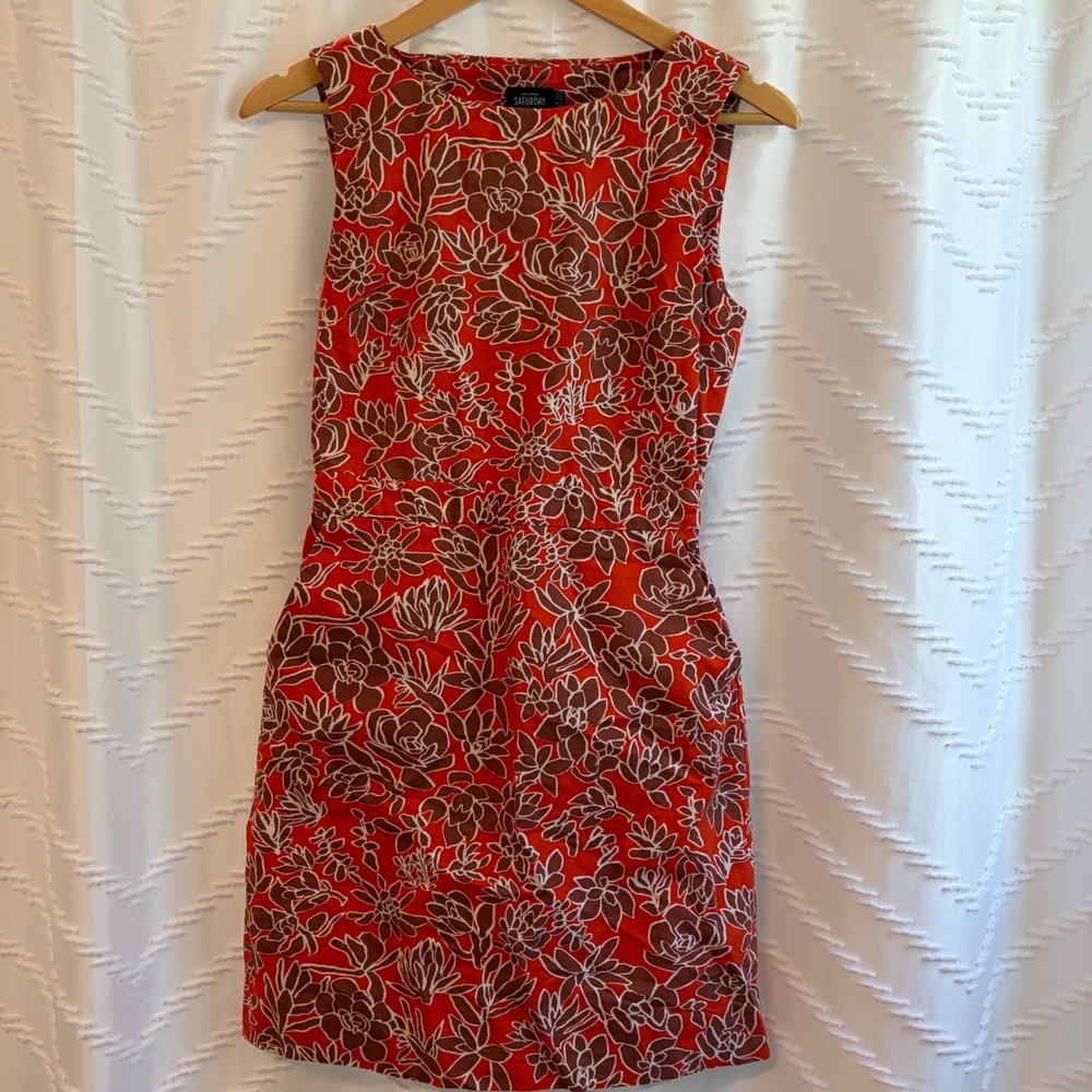 Kate Spade Saturday Orange Floral Cotton Linen Cutout Back Pocket Dress Size 2 - Picture 2 of 8